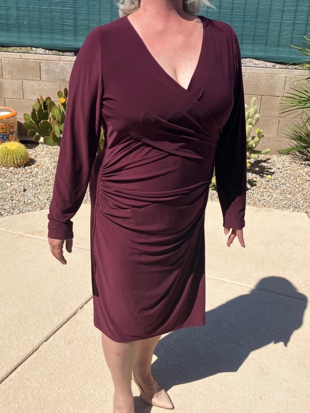 Lauren By Ralph Lauren Burgundy Ruched V Neck Longsleeve Dress 16W